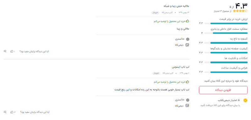 نظرات خریداران دیجیکالا درباره ی لپ تاپ Vivobook R545FB: