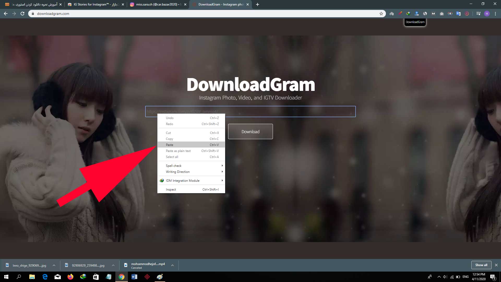 مراحل دانلود از اینستاگرام از طریق سایت downloadgram
