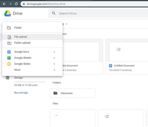آپلود فایل در گوگل درایو
